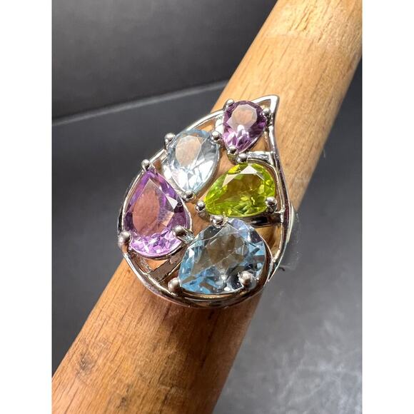 Vintage multi gemstone sterling silver cluster ring size 7 - Picture 9 of 16